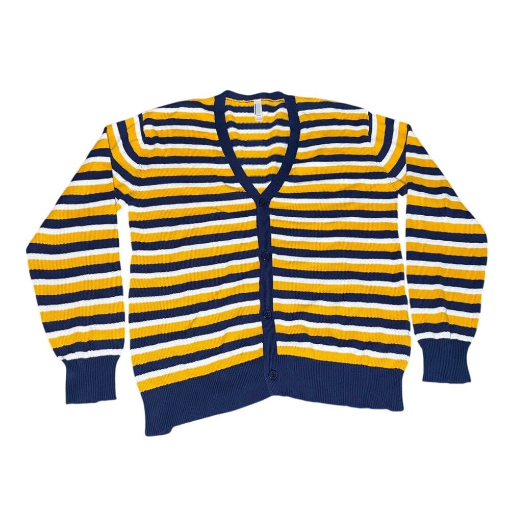 American Apparel V Neck Yellow Navy Striped Cardigan Mens L Preppy Retro